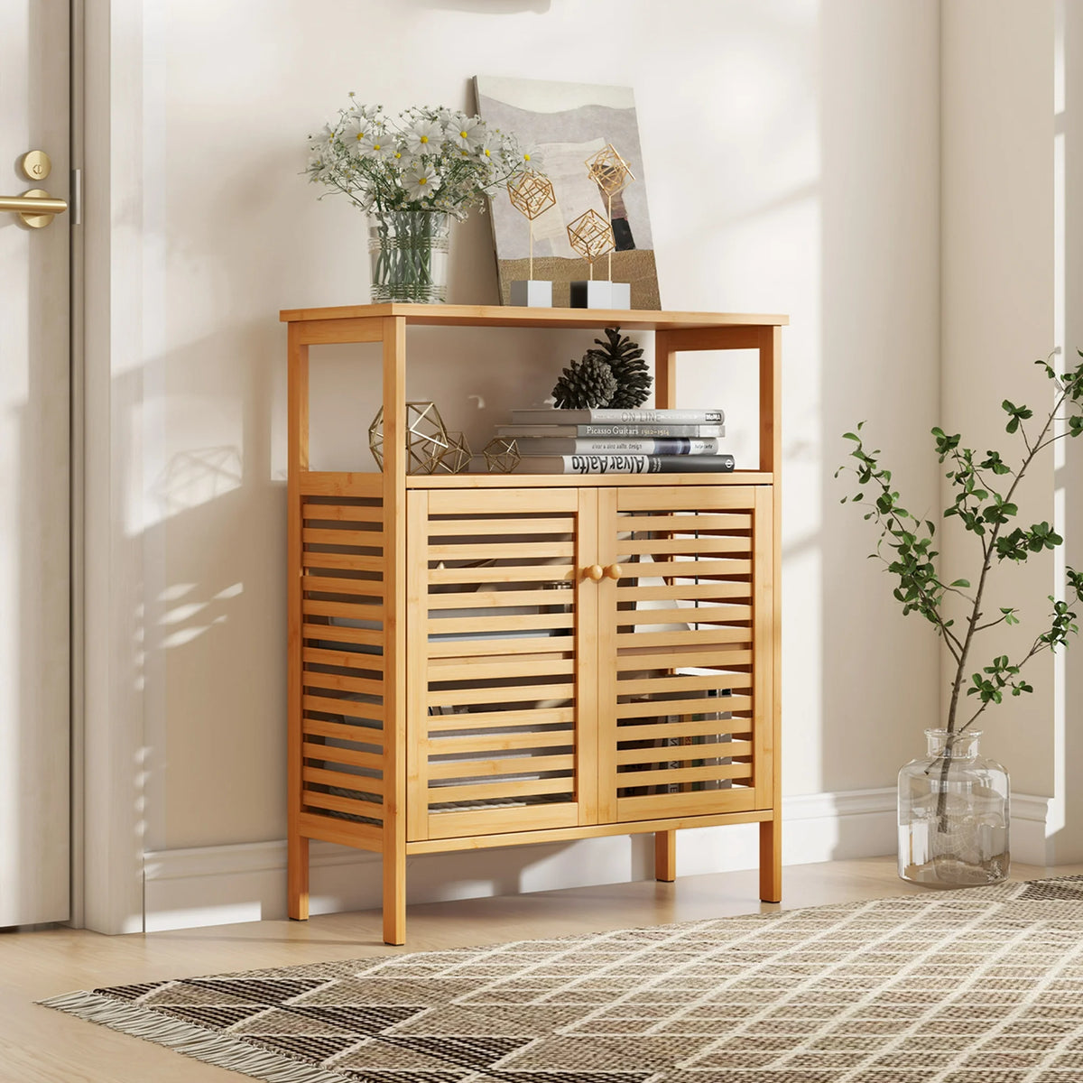 Costway Bamboo Storage Cabinet with Double Louvered Doors Open Shelf & Removable Shelf