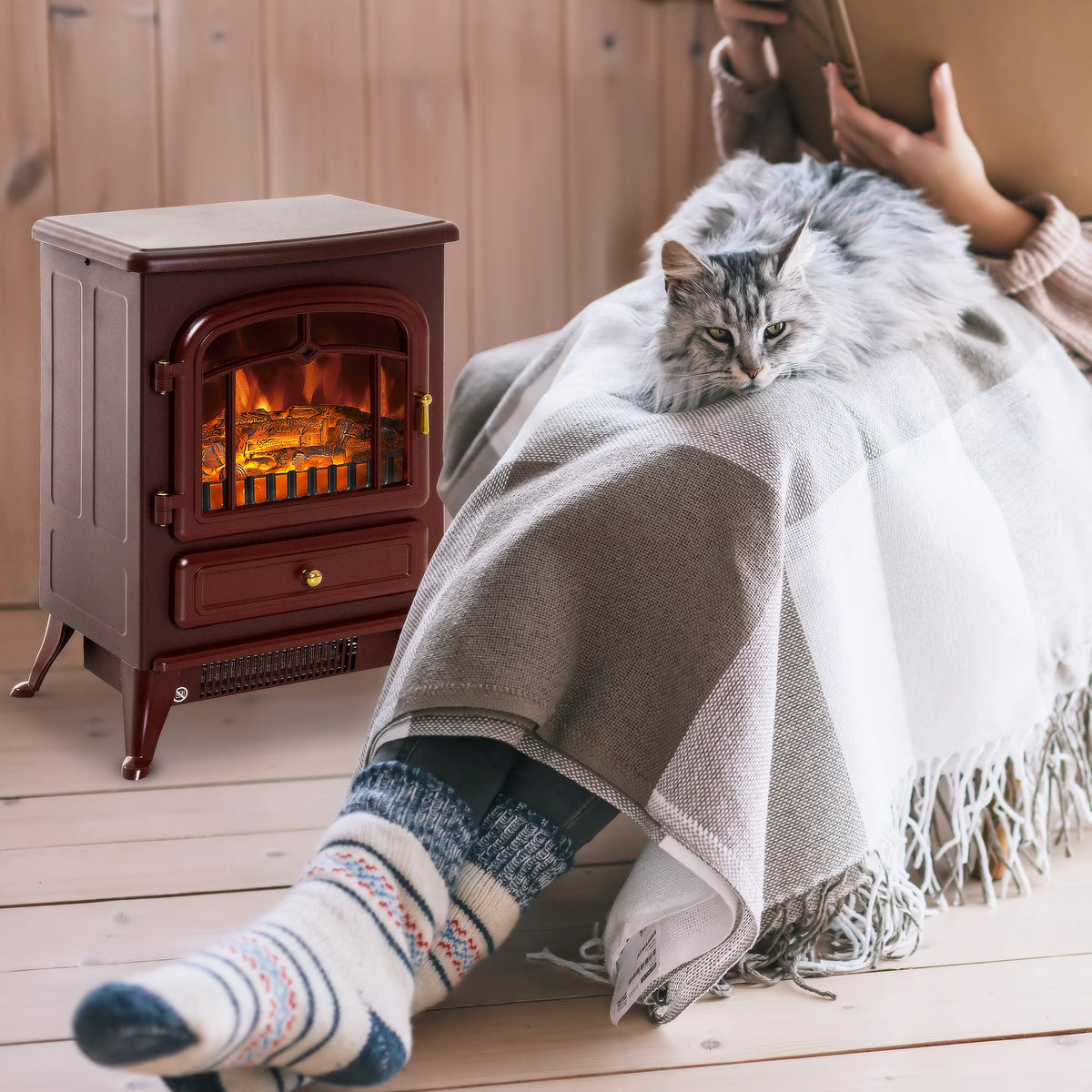 HOMCOM Electric Fireplace Heater, Fireplace Stove with Realistic LED Flames and Logs, and Overheating Protection, 725W/1450W, Red