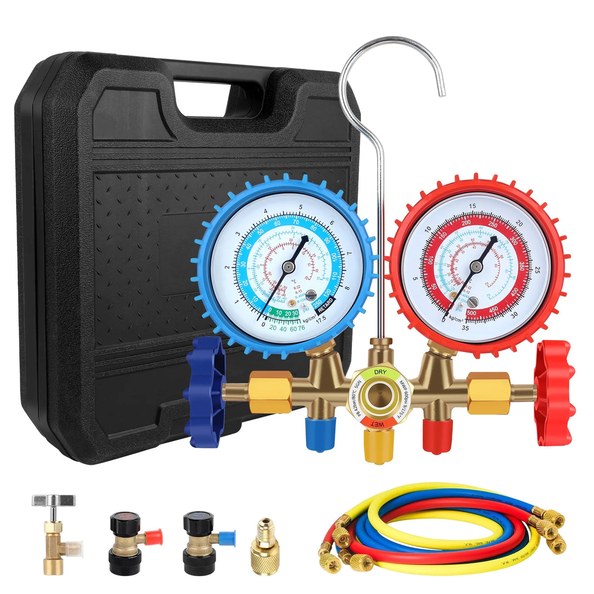 AC Vacuum Pump and Gauge Set, 4 CFM Vacuum Pump Kit for AUTO/Mini Split System for R134a R410a R12 Refrigerants, with R134a Quick Couplers and Can Tap