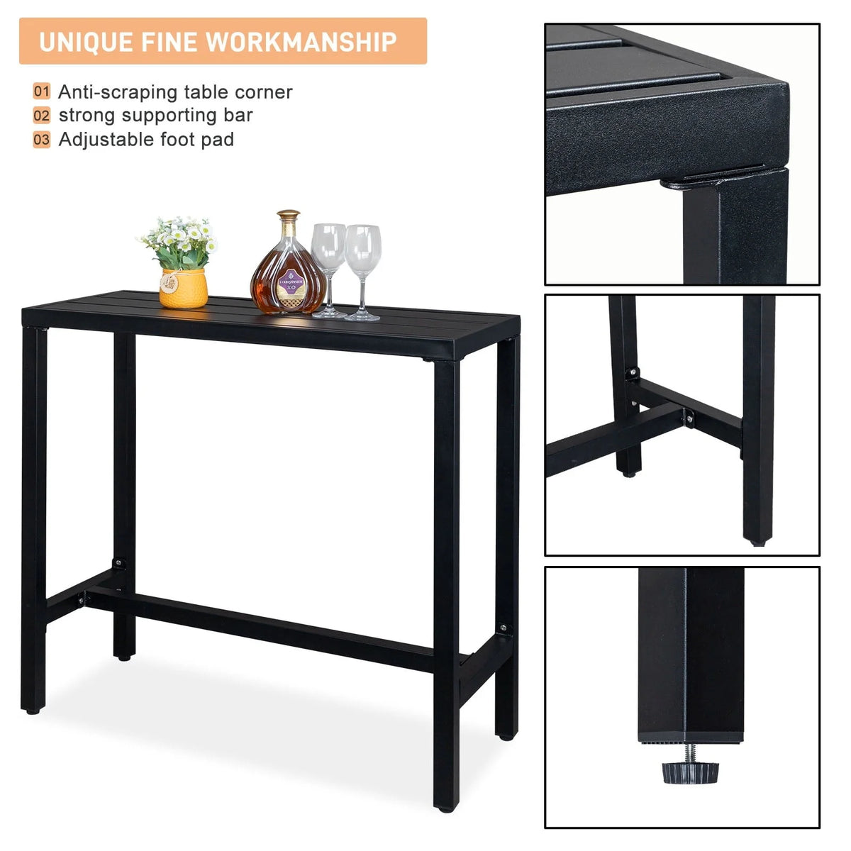 UBesGoo Outdoor Iron Bar Table, 40'' Rectangle Patio Counter Height Console Table, Black