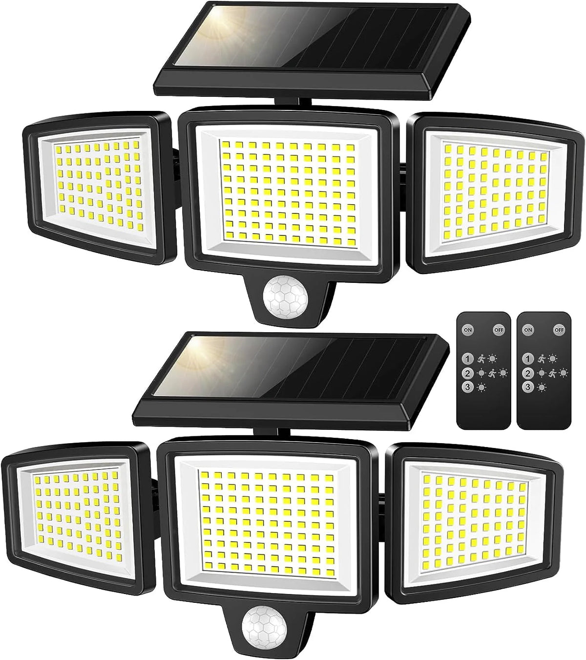 ABSOKE Solar Lights Outdoor - 2500LM Motion Sensor Outdoor Lights with Remote Control 3 Heads LED Security Light 270° Wide Angle Solar Flood Lights (2 Packs)