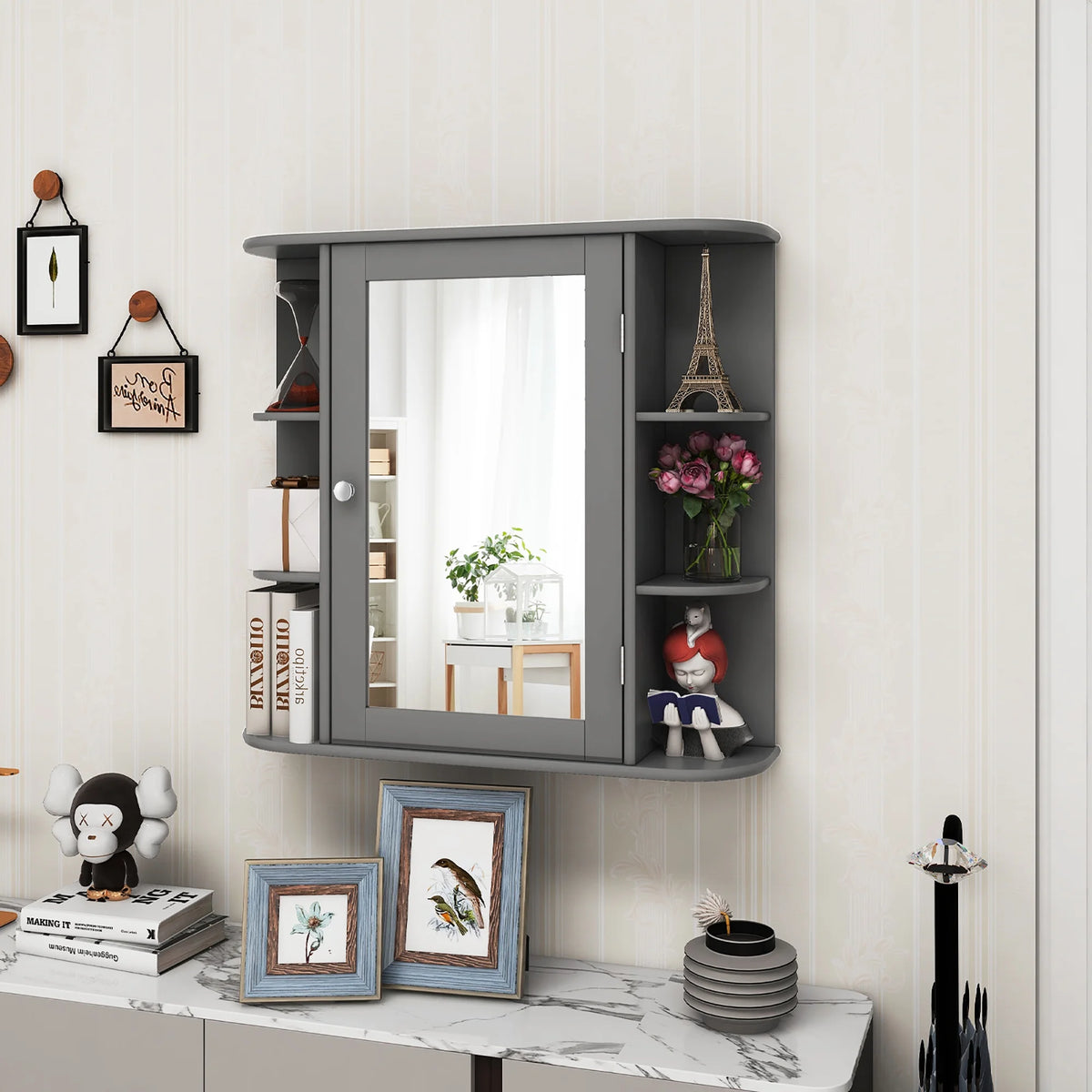 Costway, White, Medium Density Fiberboard, Multipurpose Mount Wall Surface Cabinet Mirror Glass, 26.00 x 6.50 x 23.50 Inches