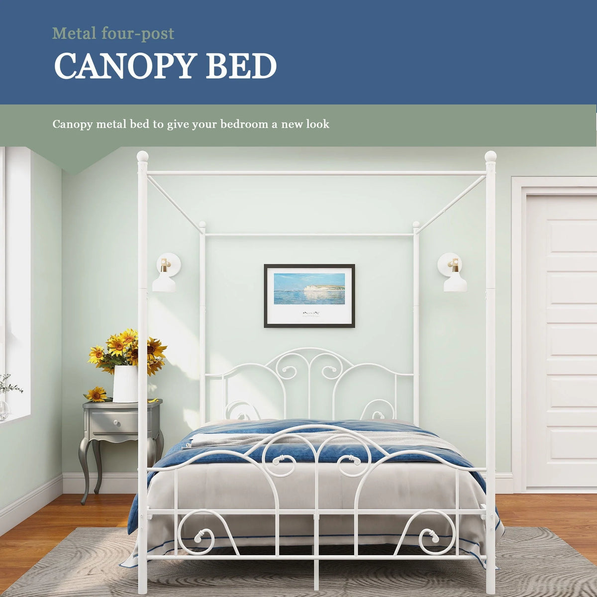 alazyhome Queen Size Canopy Metal Bed Frame, Metal Slat Support, White
