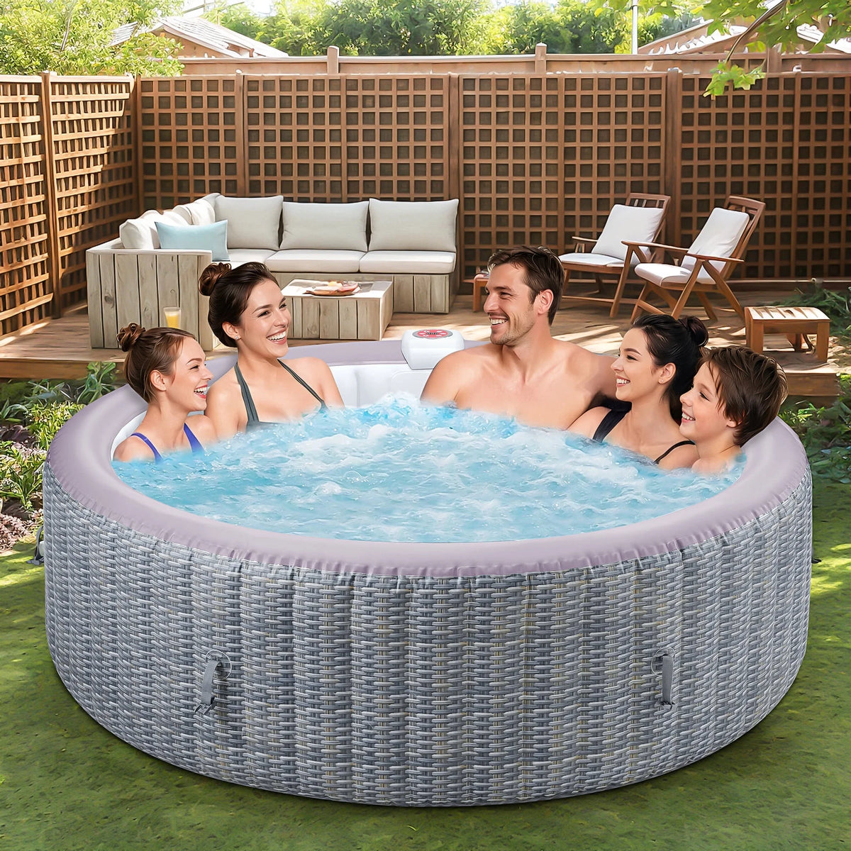 Portable Inflatable Hot Tub with Built-in Heating System - 264 Gallon Capacity, Massage Jet Home Hot Tub with Dust Cover for Teens and Adults, Wood Grain