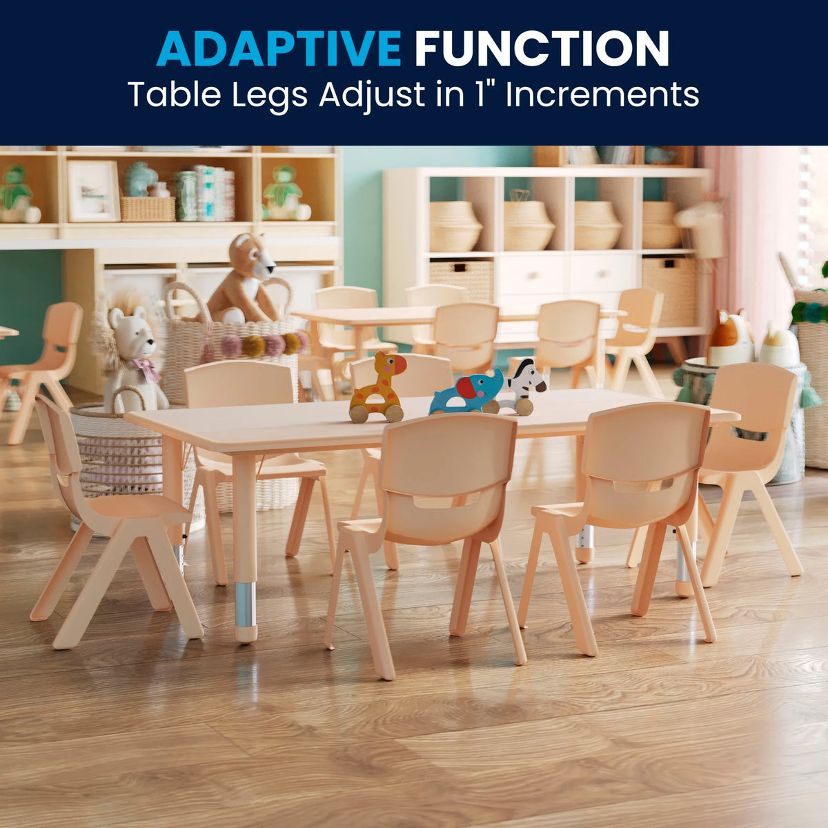 Flash Furniture Emmy Rectangular Adjustable Activity Table with 6 Stacking Chairs, Natural
