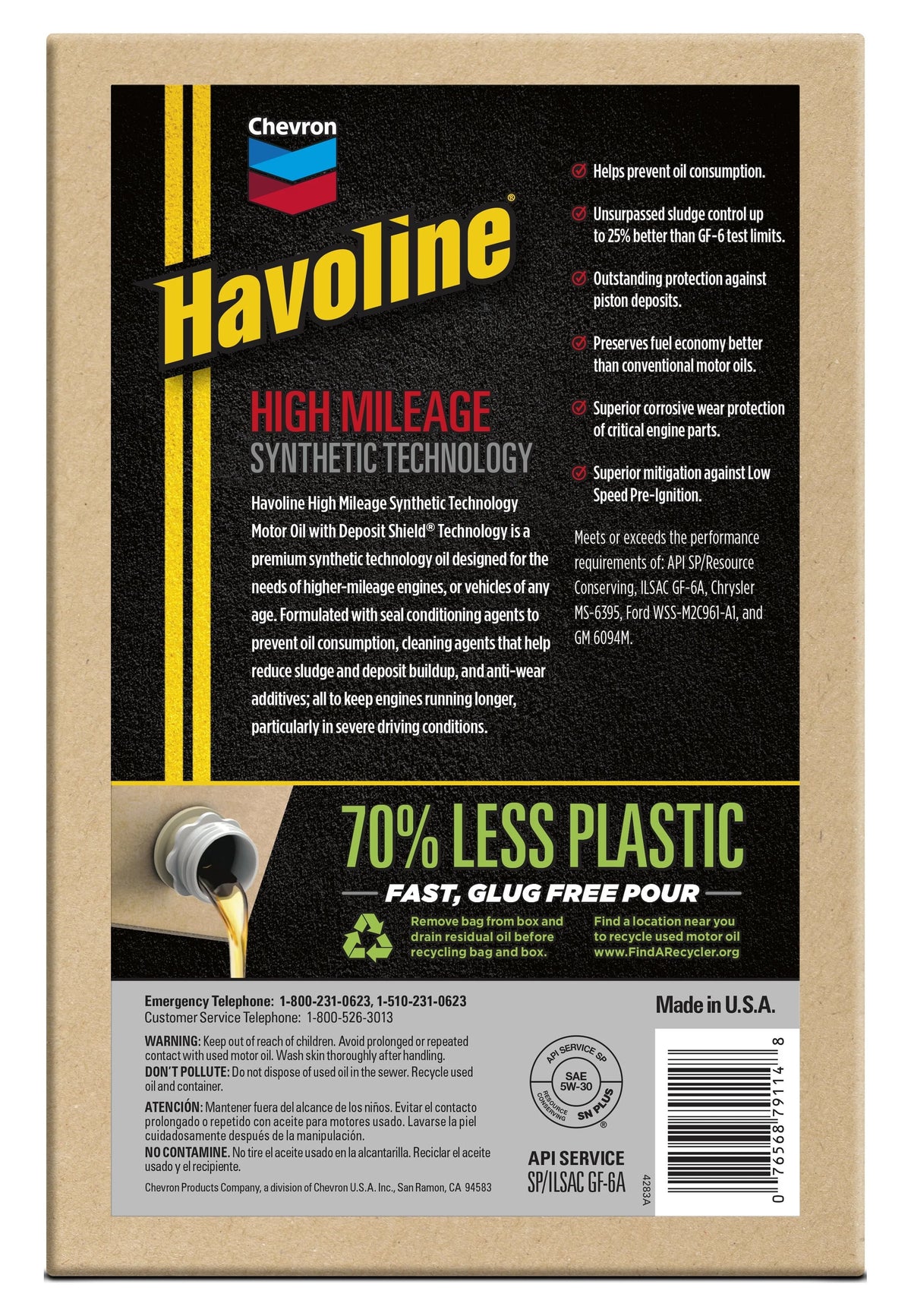 Chevron Havoline High Mileage Synthetic Technology Motor Oil 5W-30, 6 Quart Smart Change Box