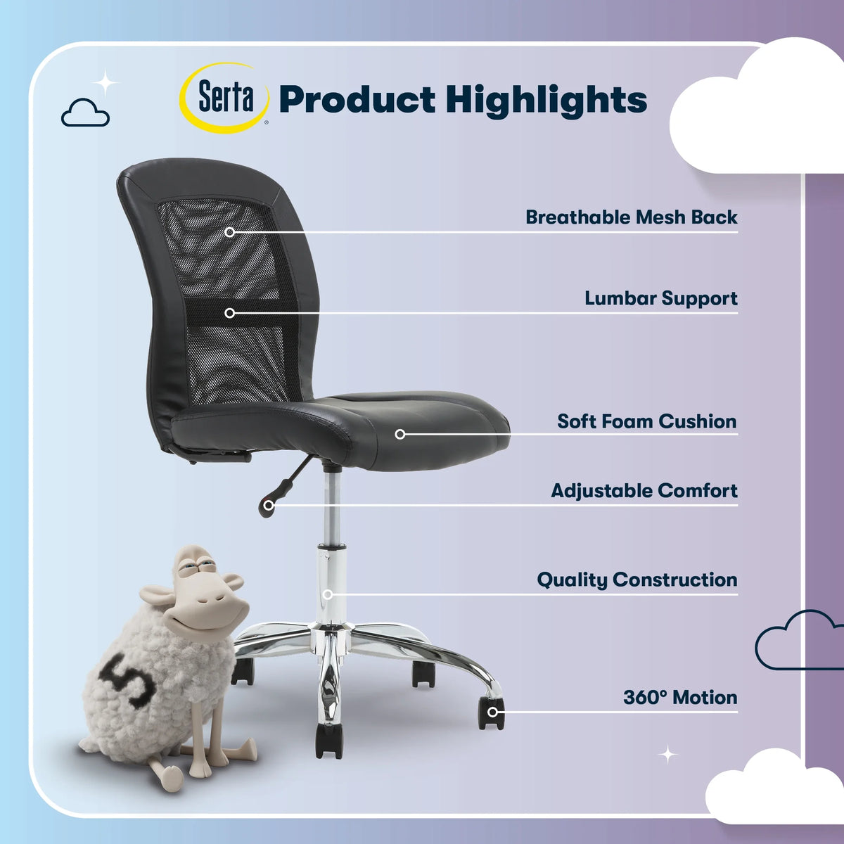 Serta Essentials Armless Task Chair, Faux Leather and Mesh, Cream