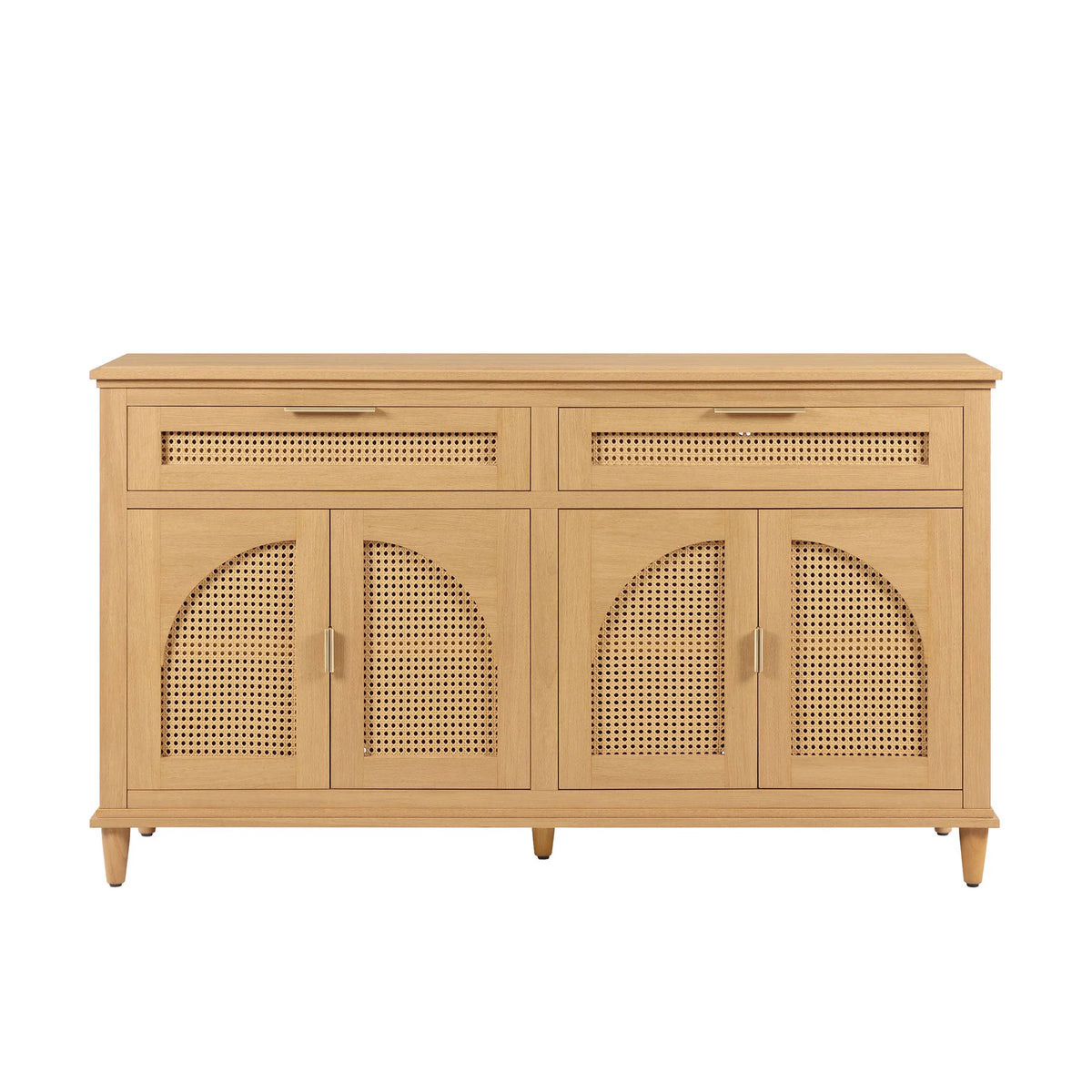 Beautiful Drew Rattan Media Console with Teched Away Drawer by Drew Barrymore, Warm Honey Finish