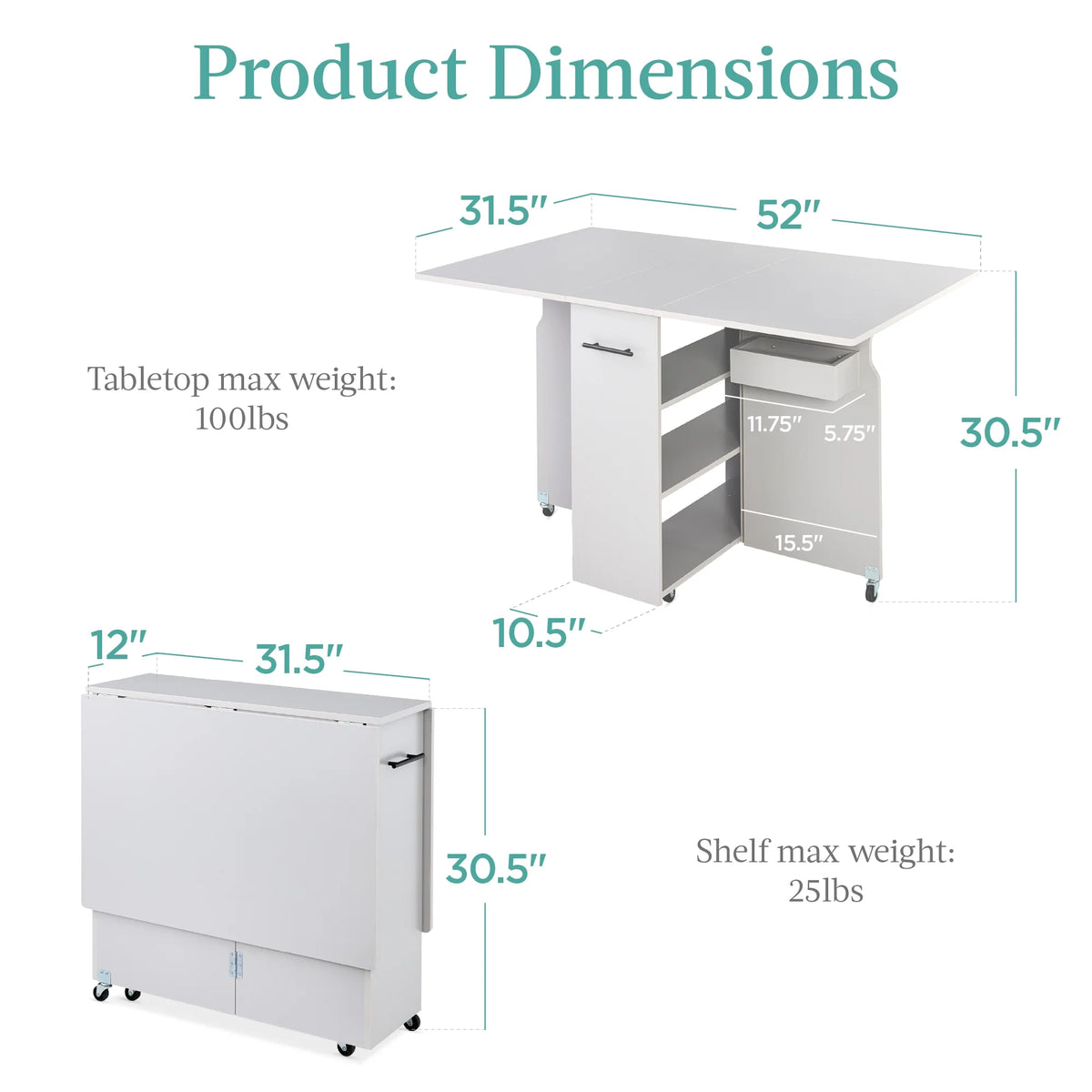 Best Choice Products Multipurpose Folding Table w/ Wheels, 3 Storage Shelves, Cubby, Handle - Brown
