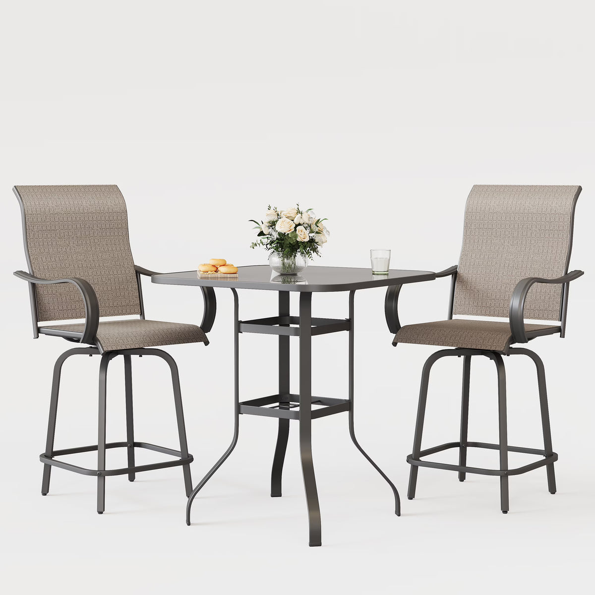 Poteban Patio Bar Height Table with Umbrella Hole, 2-Tier High Top Outdoor Bistro Table, Square Tempered Glass Metal Table for Patio, Lawn, Bar