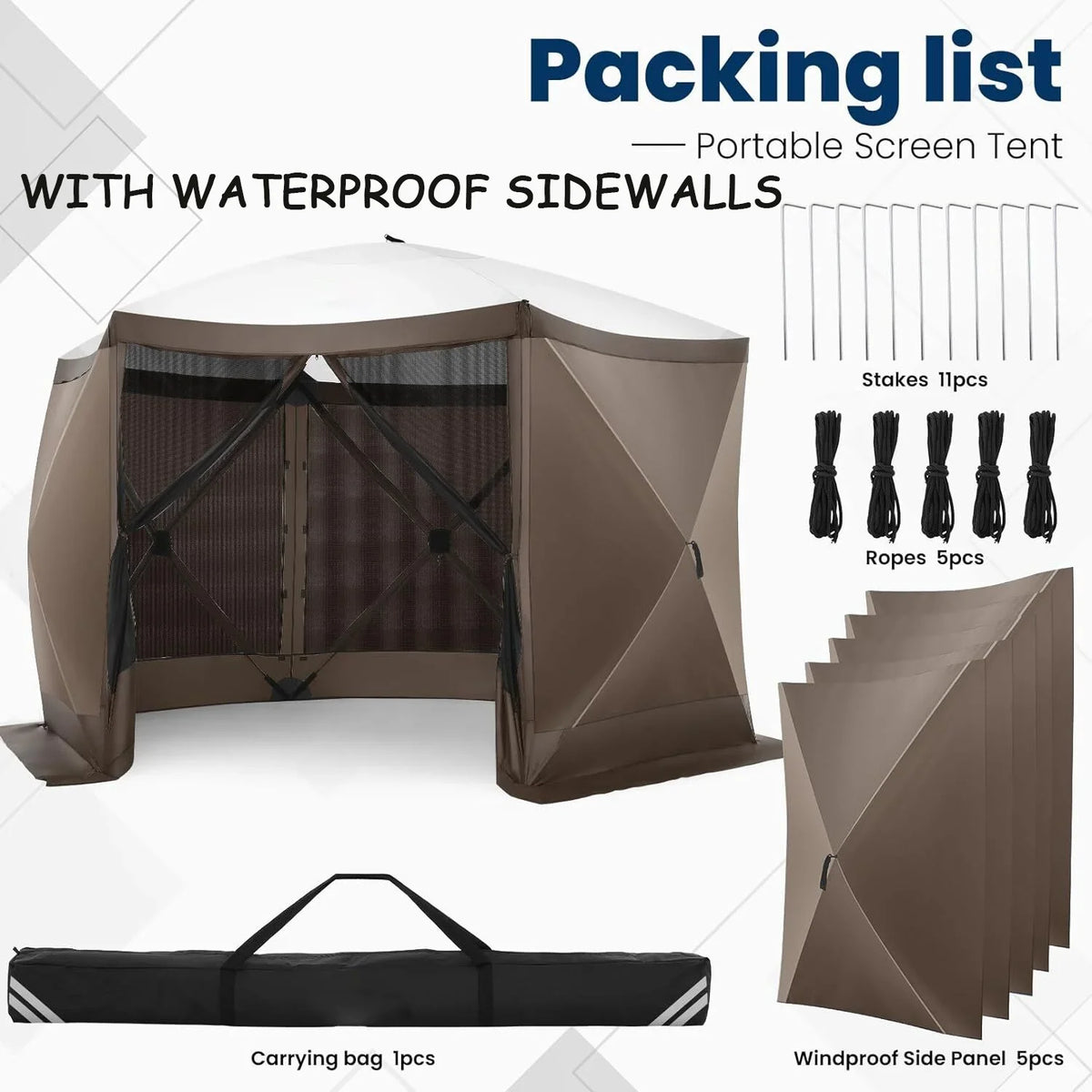 COBIZI 12x12ft Pop-up Gazebo Screen Tent Screen House with sidewalls and Mosquito Netting for Camping, Waterproof, UV Resistant, EZ Set-up Party Canopy with Carrying Bag and Ground Stakes, Brown