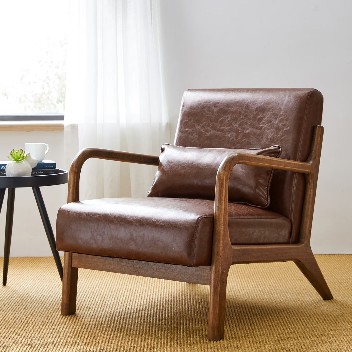 Glitzhome Mid Century Solid Wood Frame Accent Chair Modern Leather Lazy Chair