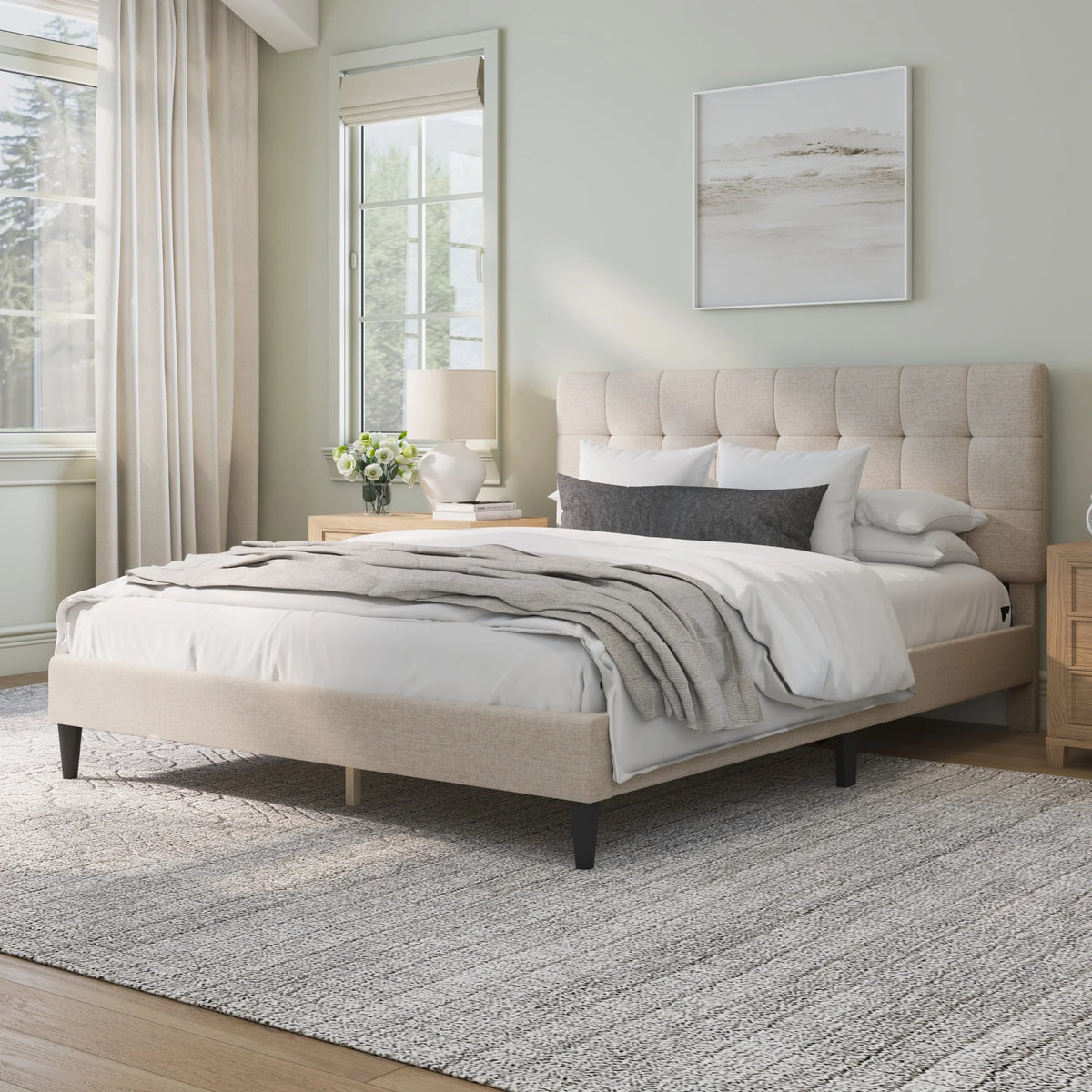 Mainstays Hillside Square Tufted Upholstered Full Platform Bed, Ivory Fabric