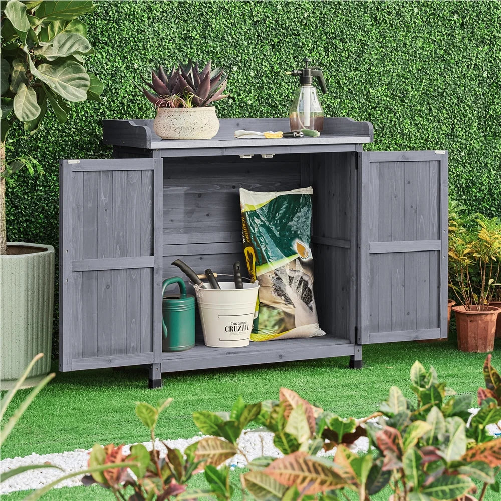 Renwick Garden Potting Bench Table with Cabinet, Brown