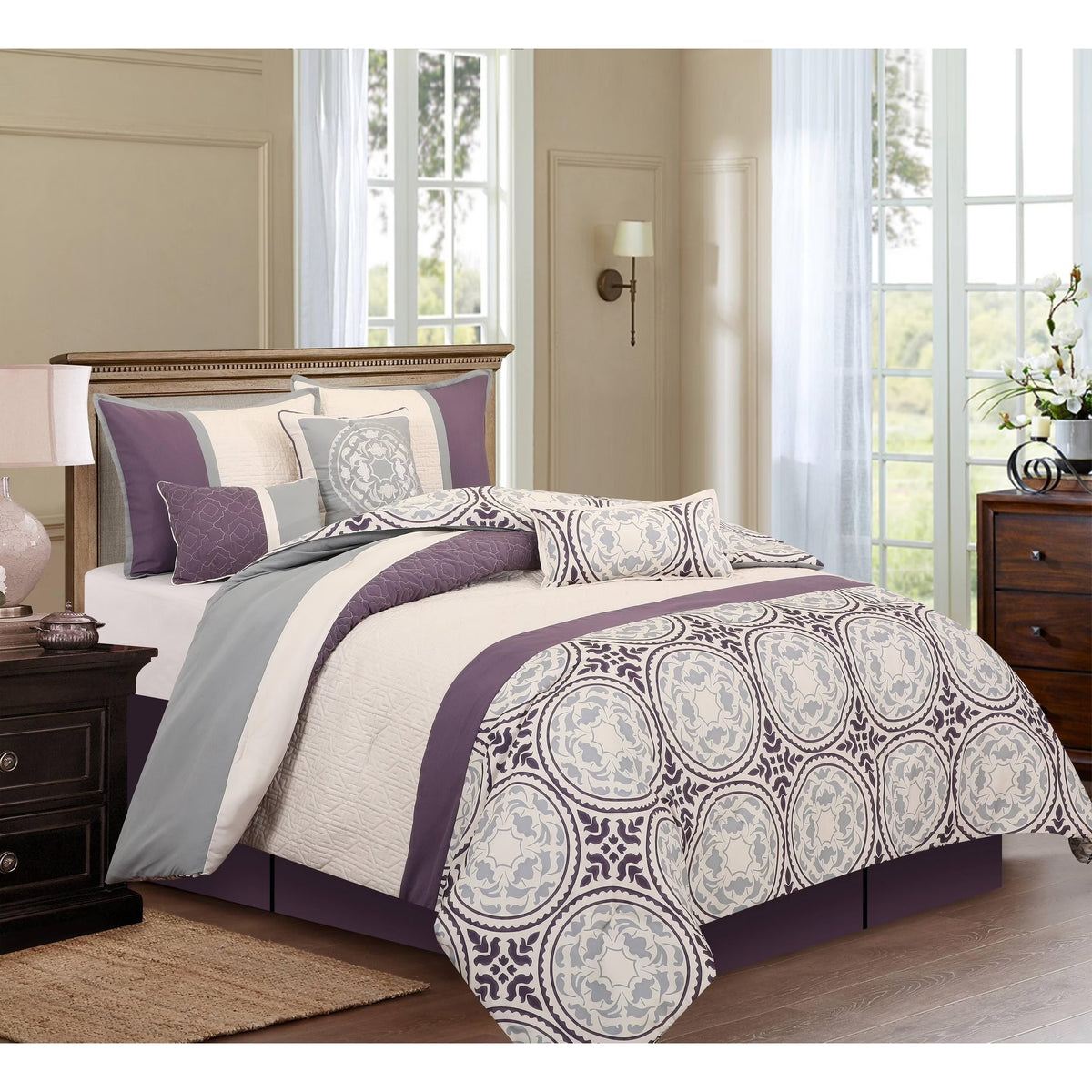 Nanshing Daffodil 7-Piece Medallion Print Comforter Set, Purple, King