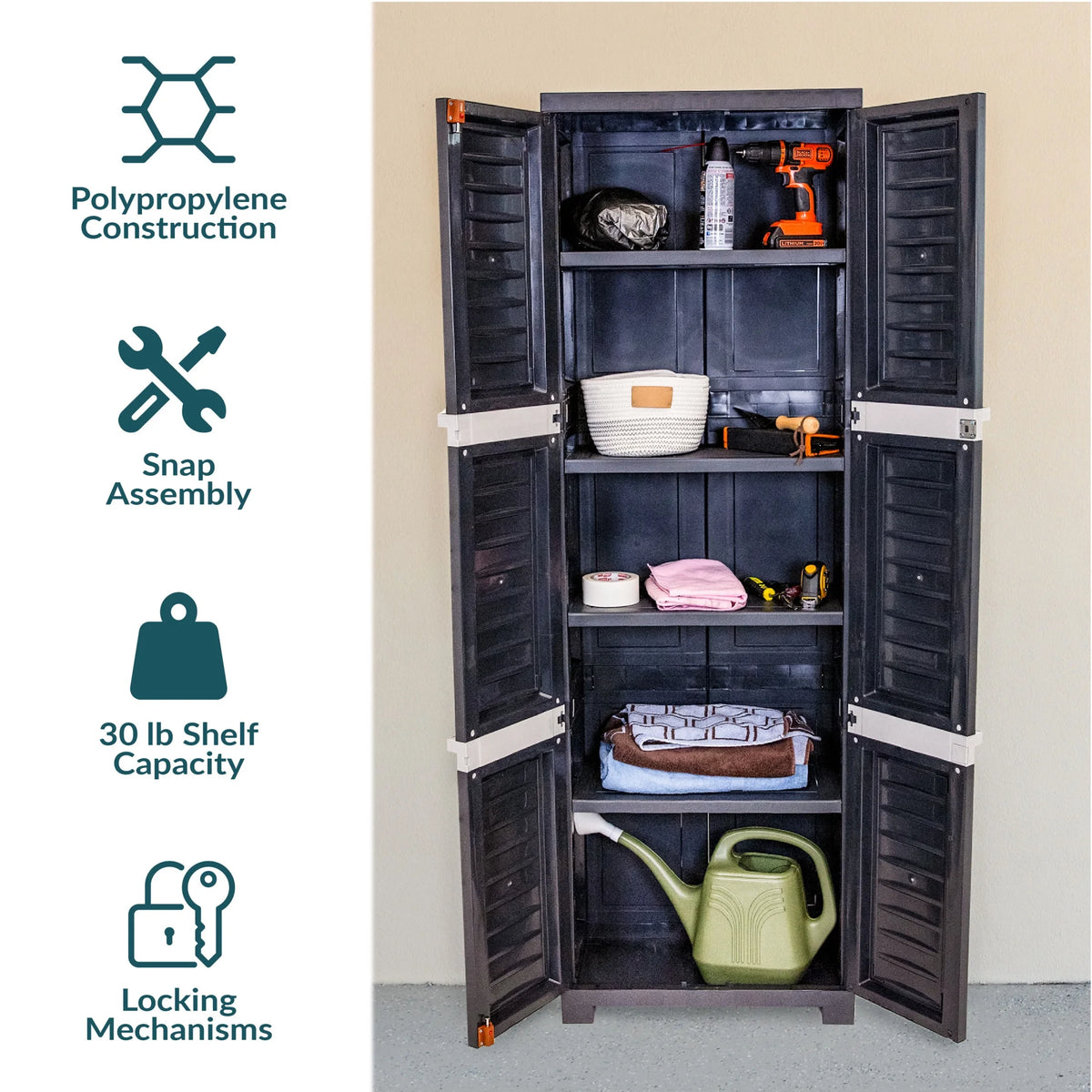 Sunnydaze Lockable Adjustable 72" Plastic 4-Shelf Freestanding Garage Storage Cabinet, Charcoal with Gray Trim