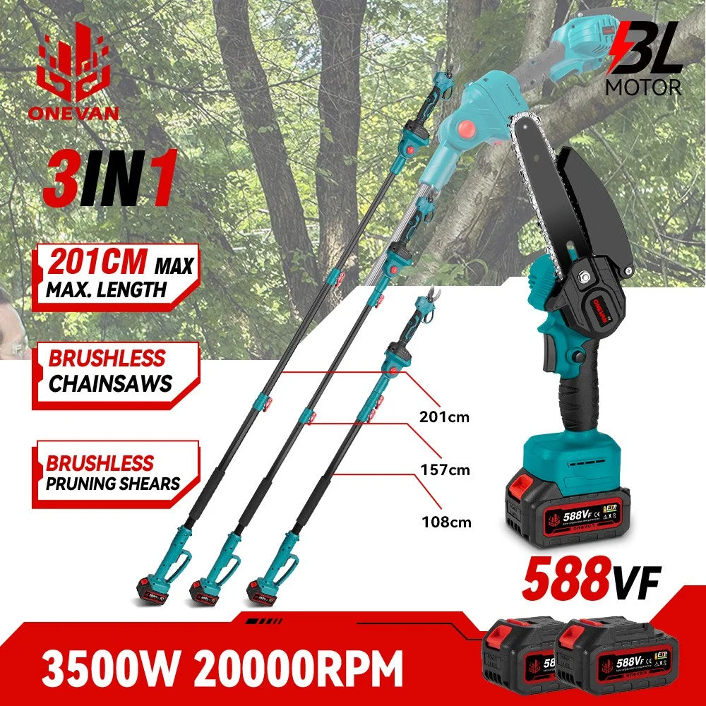 3-in-1 Brushless 6" Pole Chainsaw & Electric Pruning Shears Cordless Pole Saw