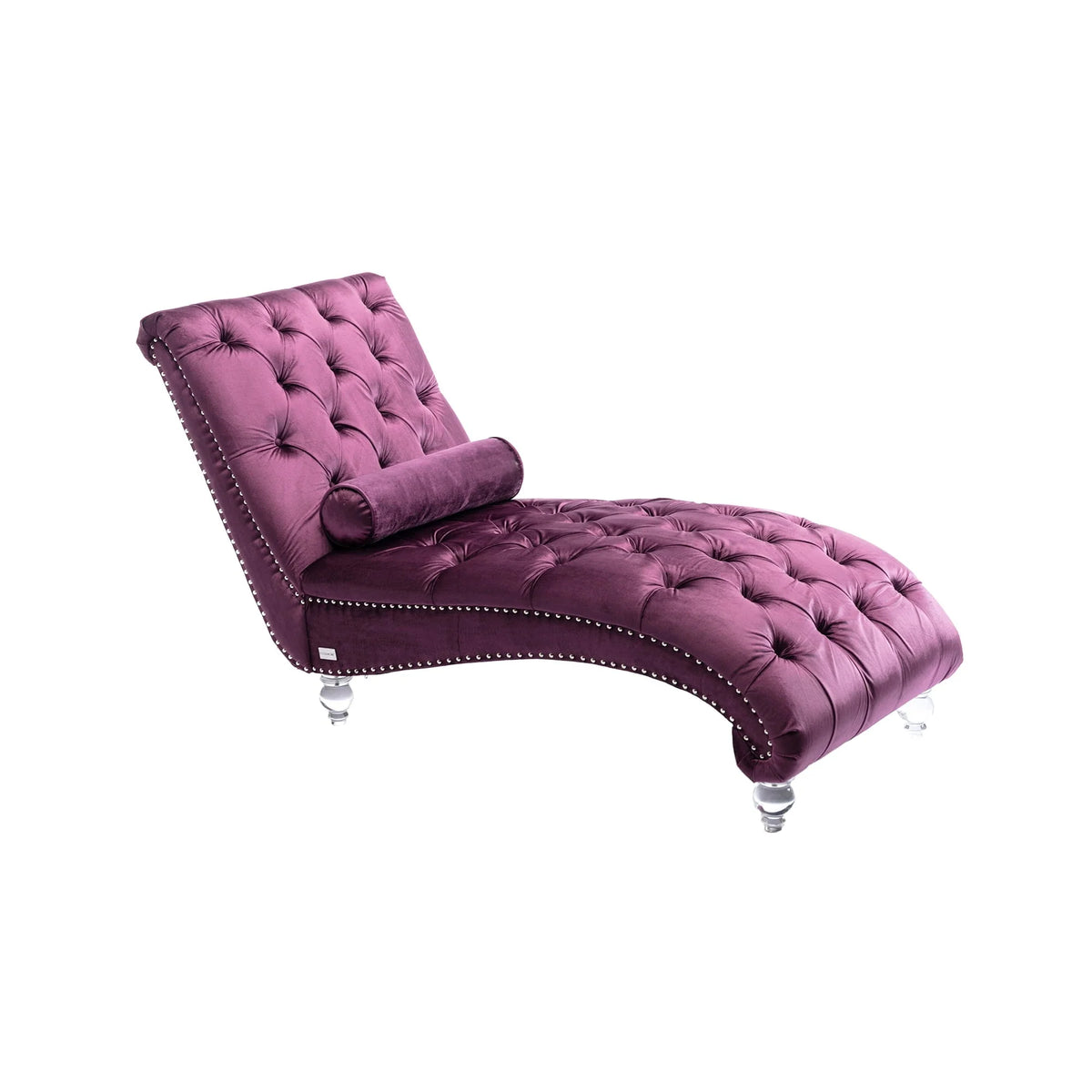 Velvet Chaise Lounge Chair, Modern Button Tufted Lounge Chair with Acrylic Legs and Nailhead Trim, Upholstered Sleeper Chair with Toss Pillow for Living Room Bedroom, Purple