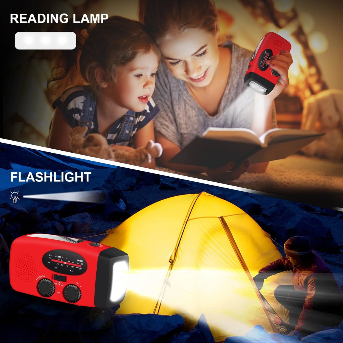 TSV Emergency Radio, Solar Hand Crank Self-Powered Weather Radio with 1200mAh Rechargeable Battery, Bright LED Flashlight, for Household Emergency, Outdoor Survival