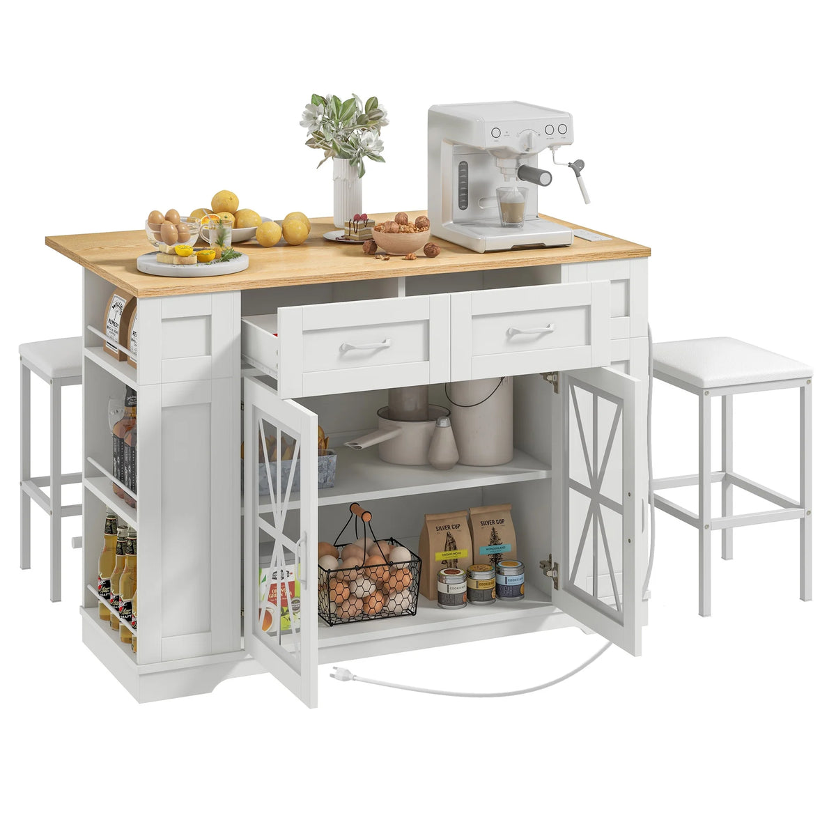 Uforic Kitchen Island Table with Seating & Drop Leaf, Kitchen Island with Storage & Wheels, Off-White