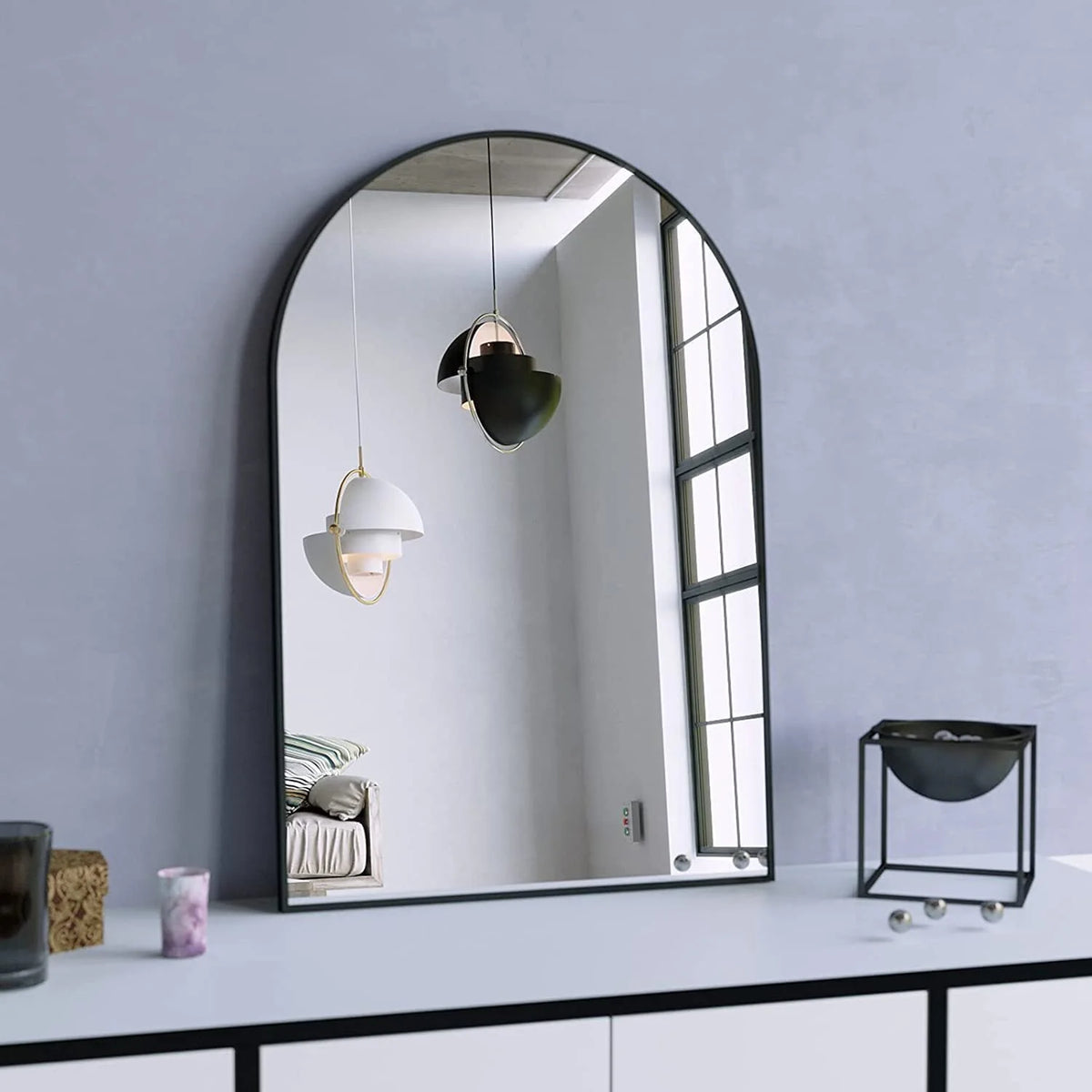 BEAUTYPEAK 24"x 36" Bathroom Mirror Wall Vanity Arched Mirror, Black
