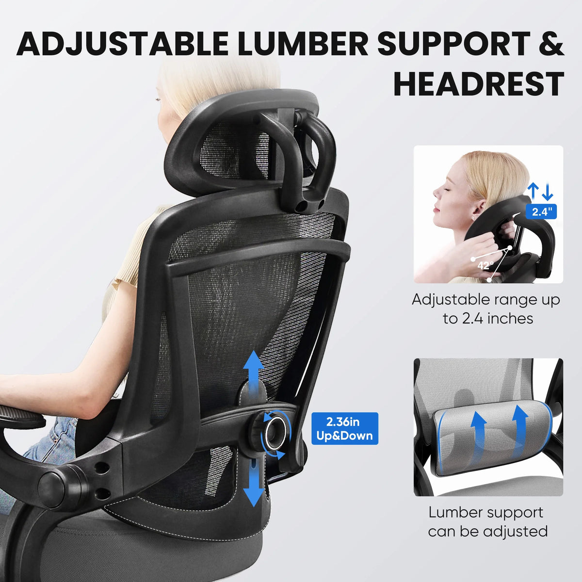 CONCETTA Ergonomic High Back Office Chair with Adjustable Lumbar Support, Headrest for Adults, Black