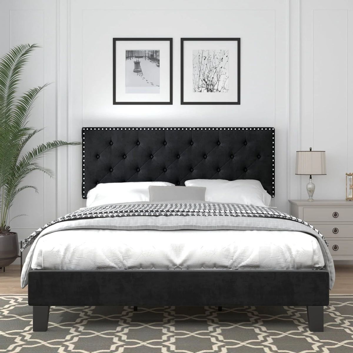 Catrimown Full Bed Frame, Upholstered Platform Bed Frame with Adjustable Button Tufted Nailhead  Headboard, Black