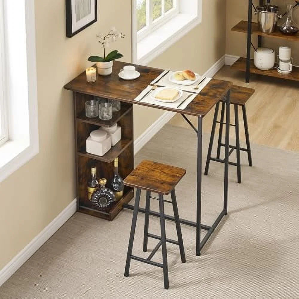Dining Table Set, Bar Table and Chairs Set, 3-Piece Bar Table Set with Storage Drawer & Shelf, Steel Frame, Industrial, Rustic Brown, Space Saving Table for Small Apartment