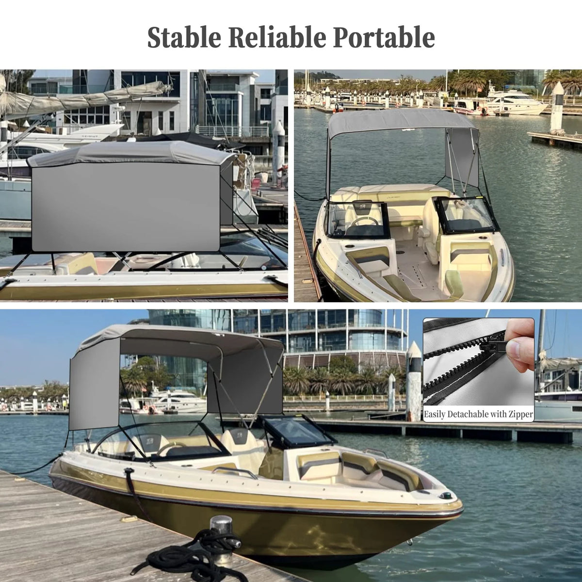 4 Bow Bimini Top Boat Cover with 1” Aluminum Alloy Frame, Include 2 Straps, 2 Adjustable Rear Support Pole, Zippered Storage Boot, PU Coating Canvas（8'L x 54" H x 73"-78" W ，Gray ）