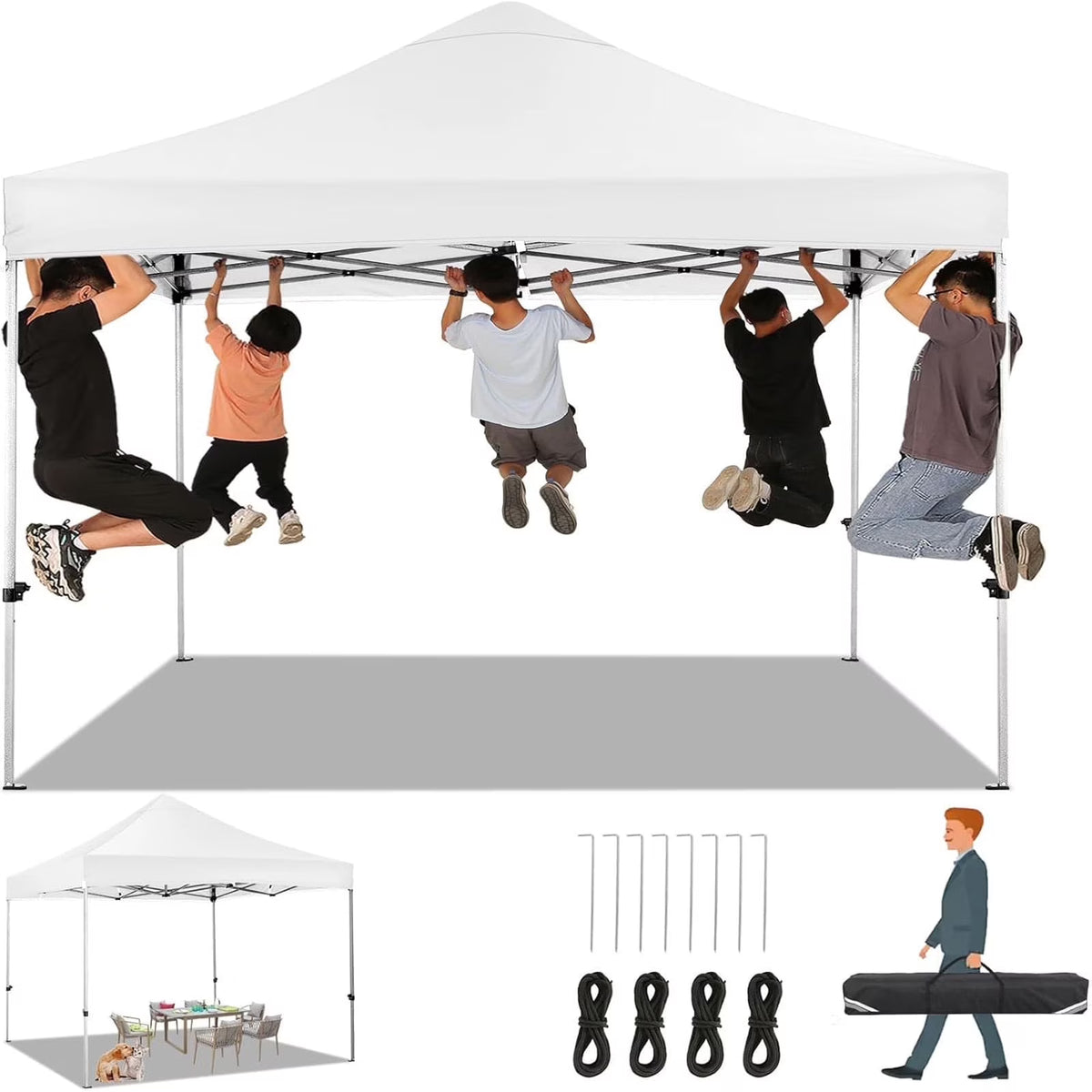 COBIZI 10x10 Heavy Duty Pop-up Canopy Tent for Outside, UPF 50+ Waterproof and Instant Outdoor Shelter, Outdoor Canopy for Beach,Party,Camping with Rope,Stake and Carrying Bag,White(Frame Thickened)