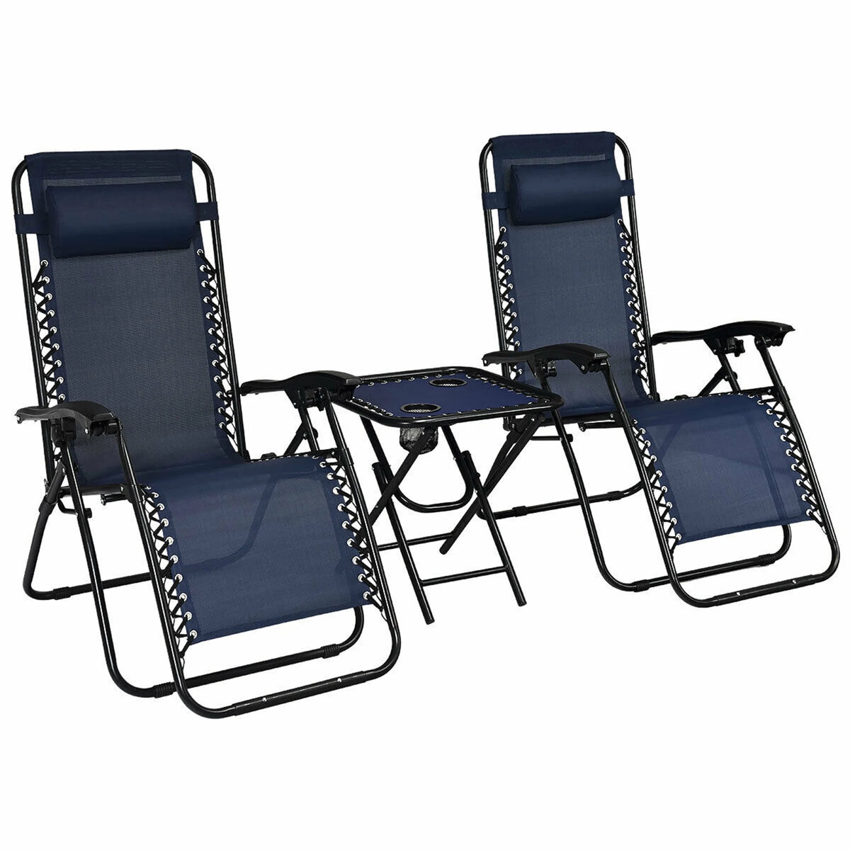 Gymax 3PC Zero Gravity Reclining Lounge Chairs Pillows Table Portable Folding Beige