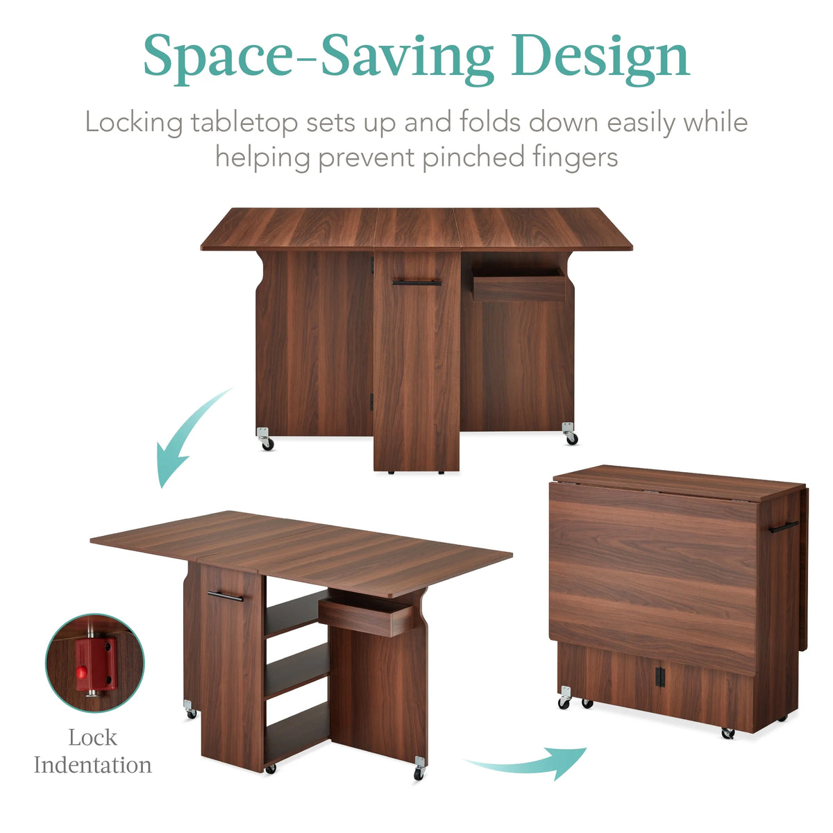Best Choice Products Multipurpose Folding Table w/ Wheels, 3 Storage Shelves, Cubby, Handle - Brown