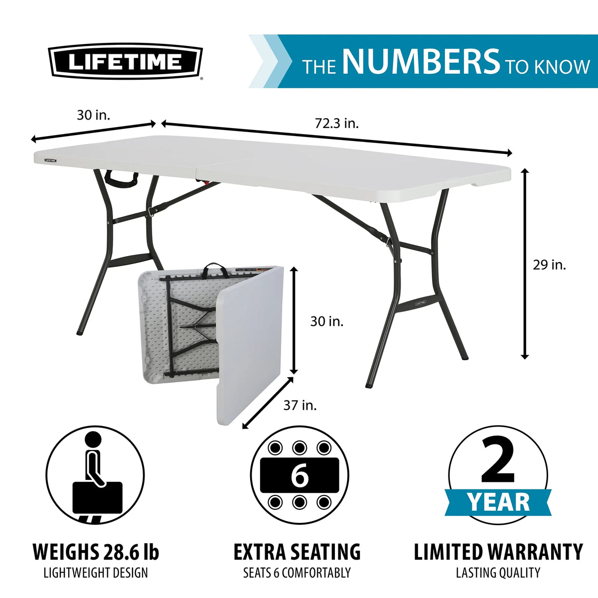 Lifetime 6' Commercial Grade High-Quality Fold-in-Half Folding Table, White (25011)