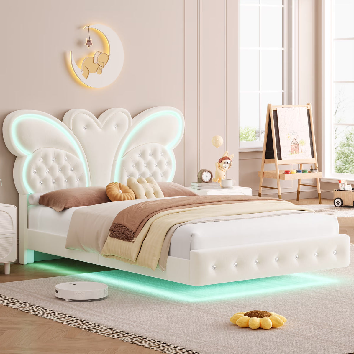 Homfa Twin Size Velvet Upholstered Bed with LED Lights, Floating Platform Bed Frame with Butterfly Crystal Button Tufted Headboard, Pink