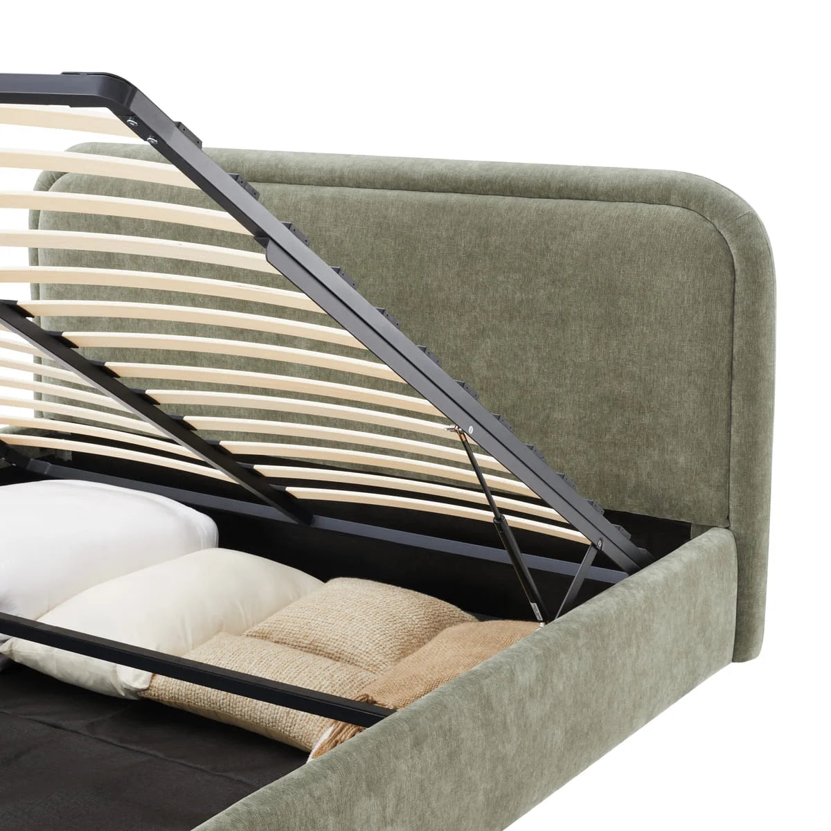 Modern Upholstered Platform Bed with Lift-Up Storage, Headboard, Wood Slats, Noise-Free