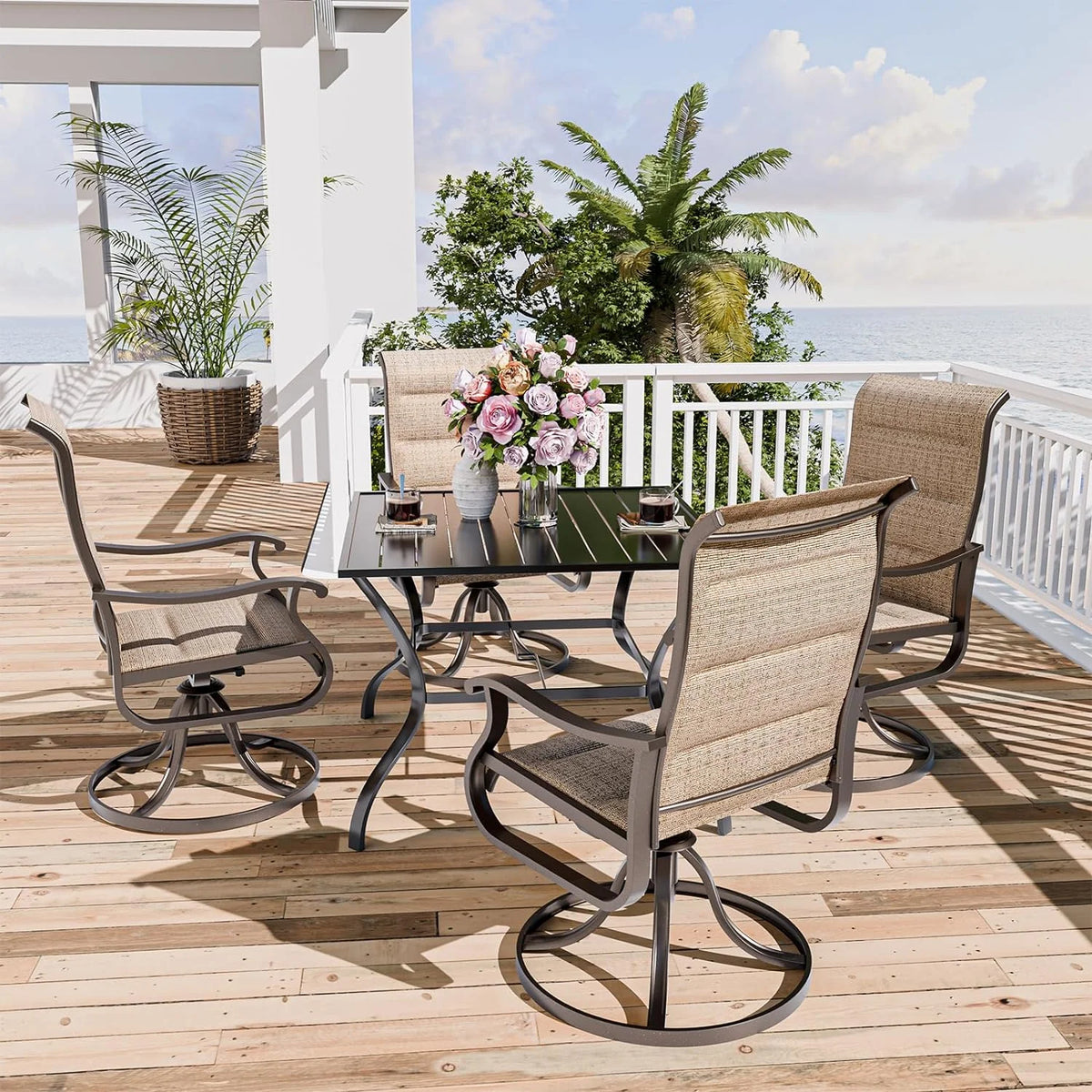 Techmilly Patio Swivel Chairs Set of 2, Outdoor Dining Chairs High Back Padded All Weather Breathable Textilene Outdoor Swivel Chairs with Metal Rocking Frame for Lawn Garden Backyard Deck, Dark Grey