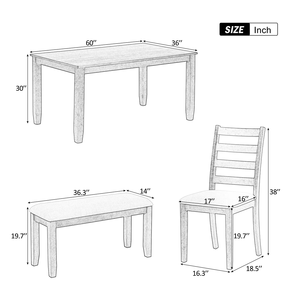Rustic Dining table Set for 6, Wooden Rectangular Kitchen Dining Table with 4 Upholstered Dining Chairs and 1 Padded Bench, Dining Set with 4 Chairs, Dining Set for 6, Brown+Whitewash