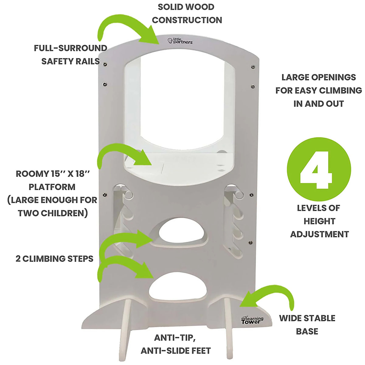 Little Partners Learning Tower Adjustable Height Kitchen Step Stool, Toddler Tower, Encourages Learning, Independence, and Engagement, Safety Climbing Tower for Kitchen Counter - Soft White