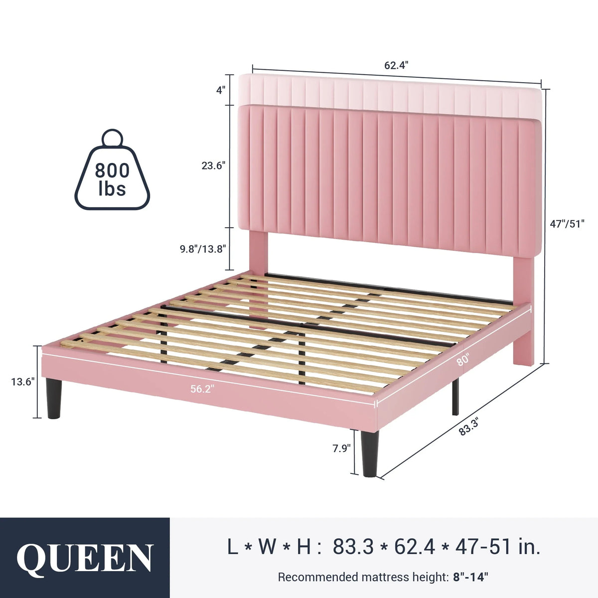 SHA CERLIN Pink Queen Size Upholstered Platform Bed Frame with Adjustable Channel Velvet Headboard, Adult