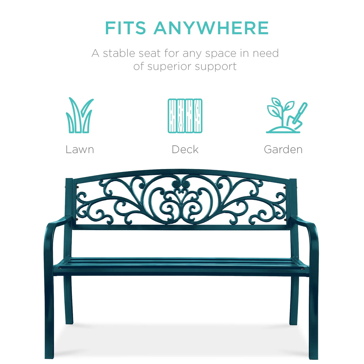 Best Choice Products Outdoor Steel Bench Garden Patio Porch Furniture w/ Floral Design Backrest - Black