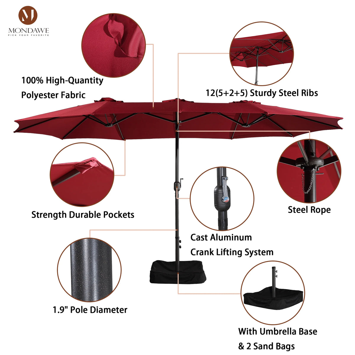 Mondawe 15ft Patio Umbrella Rectangular Outdoor Market Umbrella with Base and LED Lights Beige