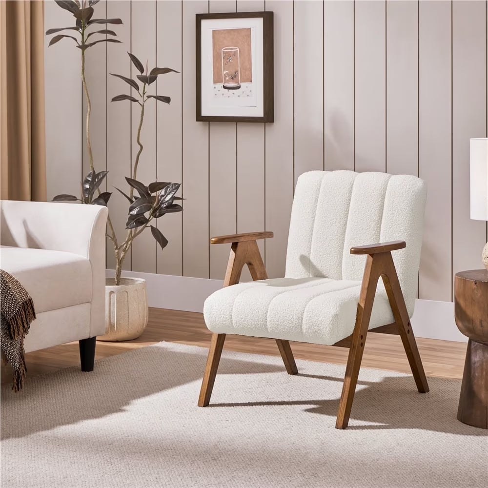 Yaheetech Mid Century Modern Boucle Upholstered Accent Chair with Solid Wood Legs, White