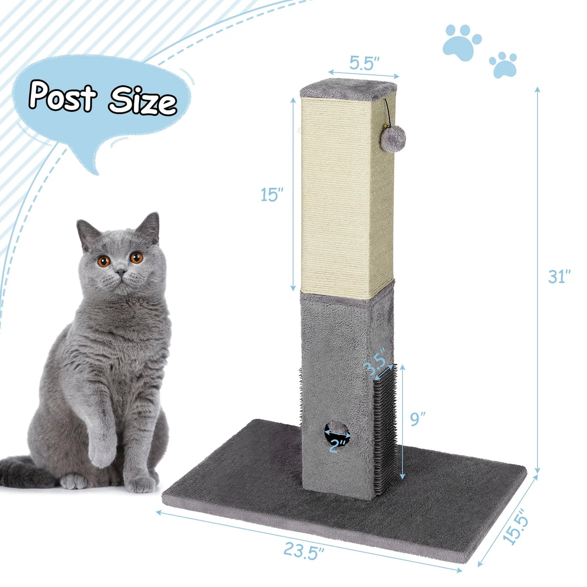 Infans 31" Tall Cat Scratching Post Claw Scratcher w/ Sisal Rope & 2 plush Ball