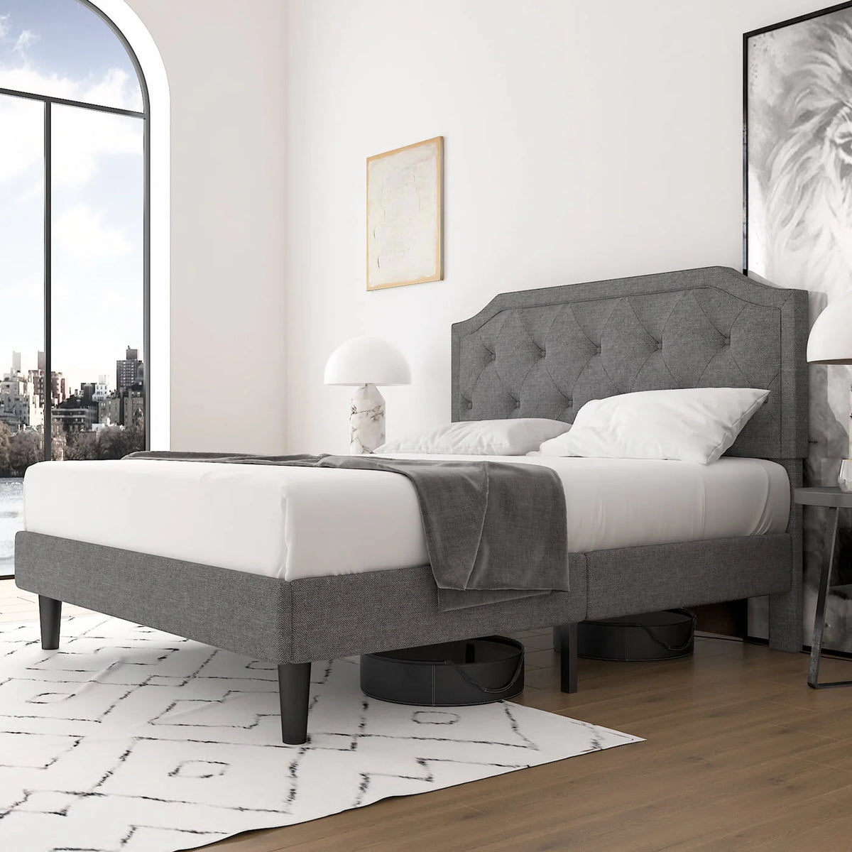 Einfach Queen Size Platform Bed Frame with Upholstered Headboard, Light Grey