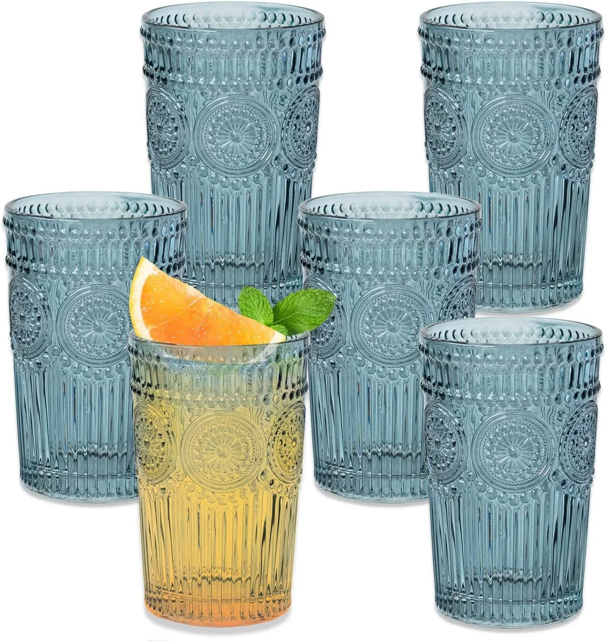 Vintage Textured Amber Striped Drinking Glasses Set of 24, (13 oz) Ribbed Glassware with Flower Design | Cocktail Set, Juice Glass, Water Tumbler