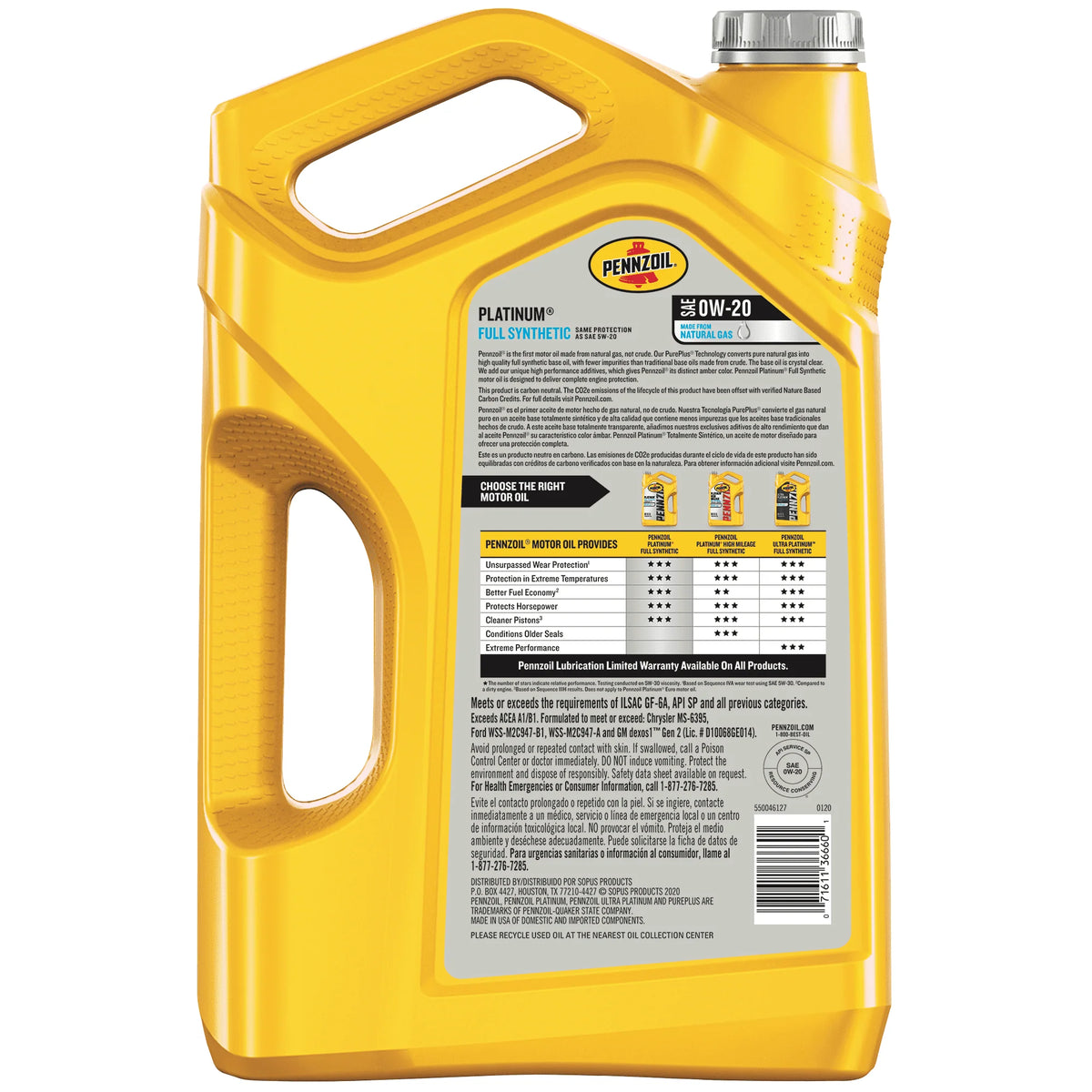 Pennzoil Platinum Full Synthetic 0W-20 Motor Oil, 5-Quart