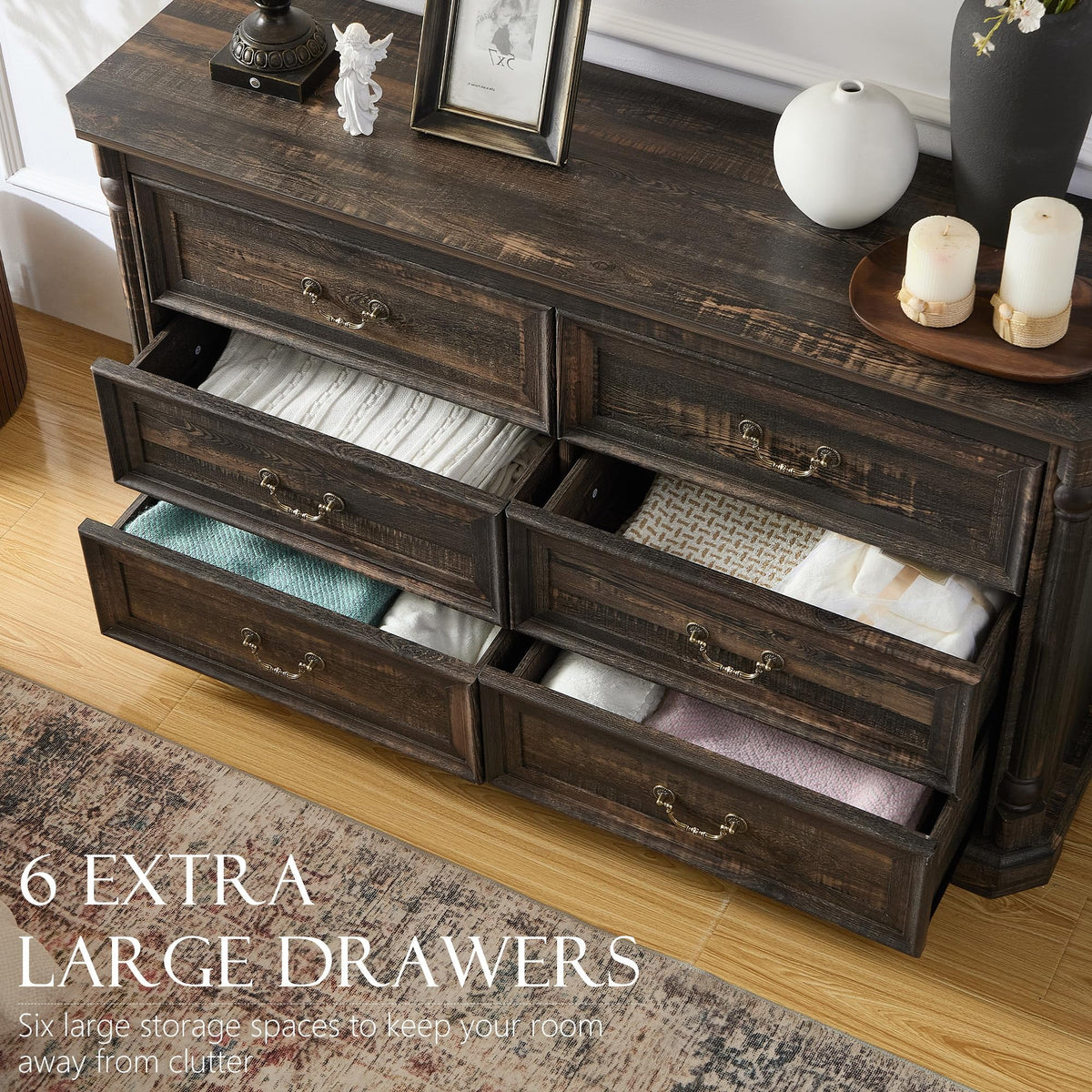 Brafabhome Rattan 6 Drawers Dresser for Bedroom, Vintage Boho Double Dresser Wicker Chest with Wooden Legs for Living Room Hallway| Mint