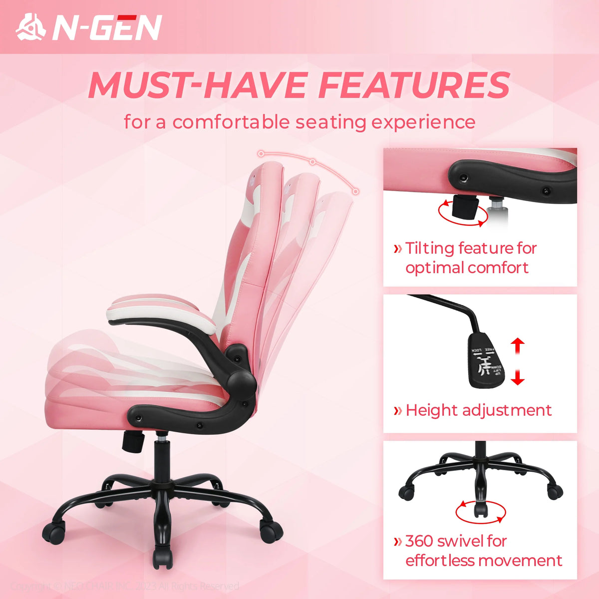N-GEN Red Gaming Chair, Flip-up Armrest Computer Chair Ergonomic Office Chair PU Leather Desk Chair Executive Adjustable Swivel Task Chair