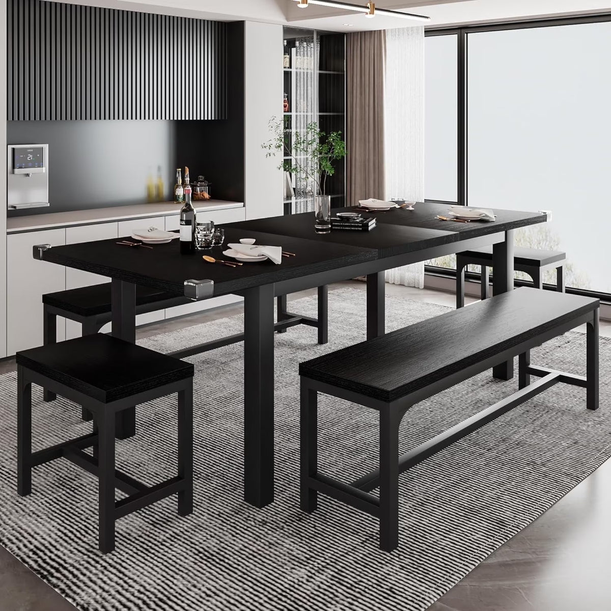 iPormis 5-Piece Dining Table Set for 4-8 People, Extendable Kitchen Table Set with 2 Benches and 2 Square Stools, Black