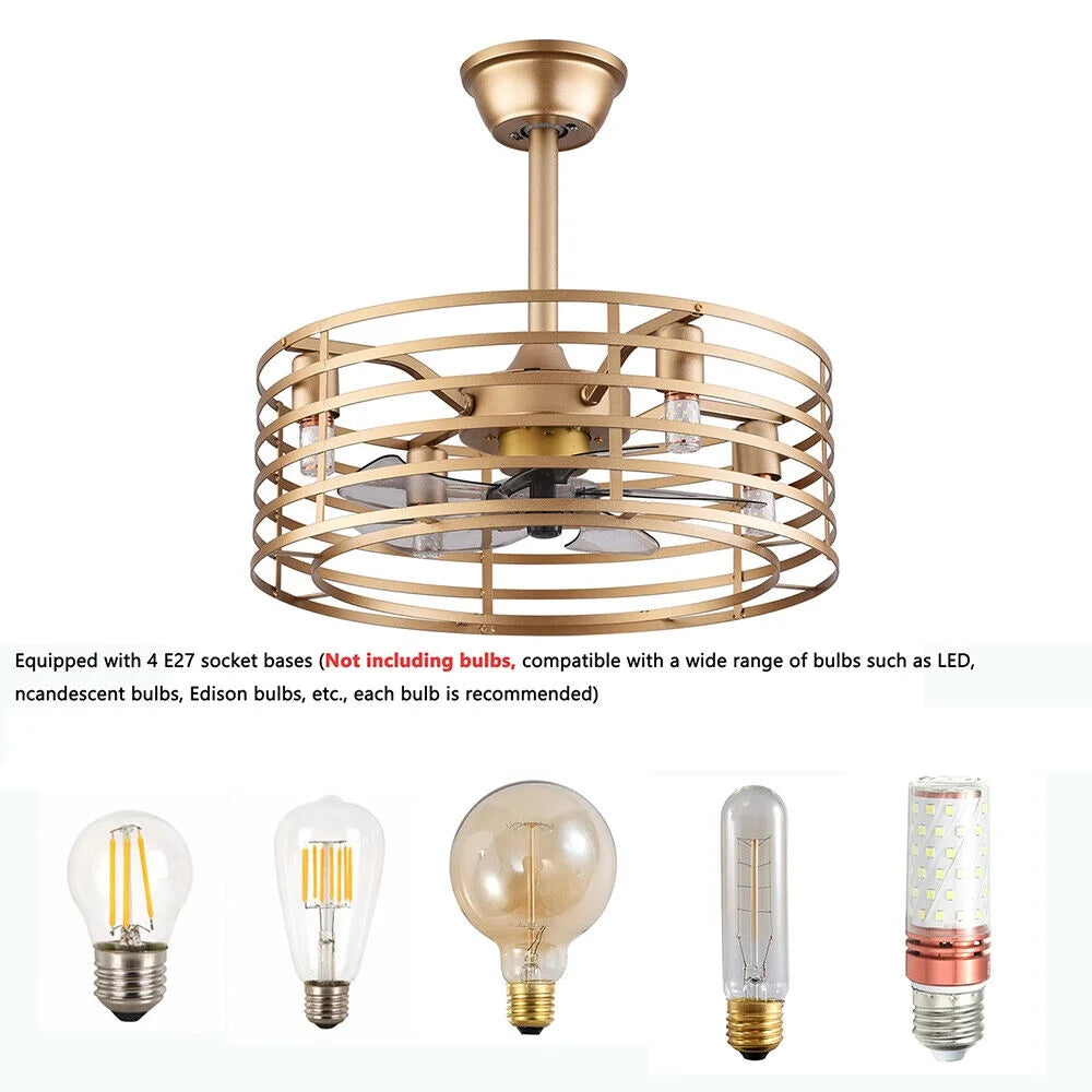 20in Retro Golden Caged Bladeless Ceiling Fan Light with Remote Control 40W